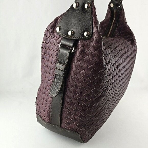 TANO Purple Black Woven Leather Large Shoulder Handbag Satchel Top Zip Closure - Picture 3 of 15